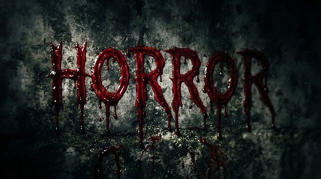 Horror text written in blood on a dark, gritty, textured wall background