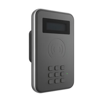 Gray electronic access control keypad with rfid reader and lcd screen