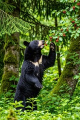 Black bear stands in green forest eating red berries from bush. Wild animal searches for food on summer day. Nature, fauna, wilderness, foraging scene. © Vadym
