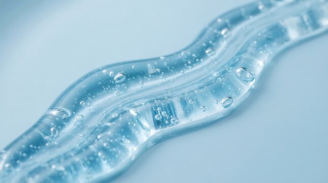 Transparent cosmetic gel texture with air bubbles on a blue background