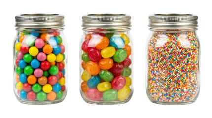 Three glass mason jars filled with colorful candies and sprinkles isolated on transparent background