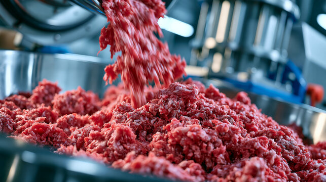Mid-shot of freshly minced meat being smoothly poured from a large industrial bowl cutter into a stainless steel sausage stuffer machine, continuous flow of finely ground meat, polished food-grade e