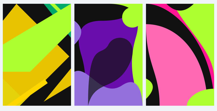 Abstract geometric triptych set with vibrant neon shapes and bold color blocks vector illustration