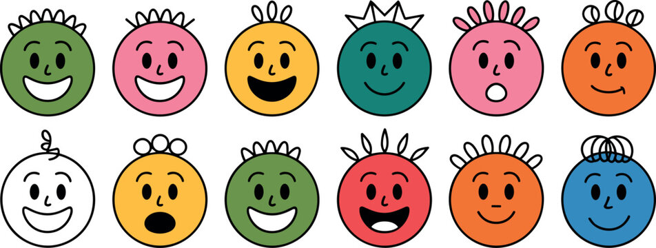 Colorful Cute Expression Face Icon Set Vector Illustration for Kids and Social Media Graphic Design