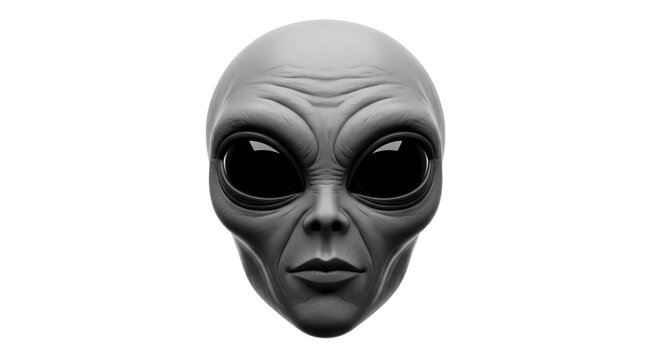 3D grayscale illustration of a mysterious alien head with large black eyes on a white background