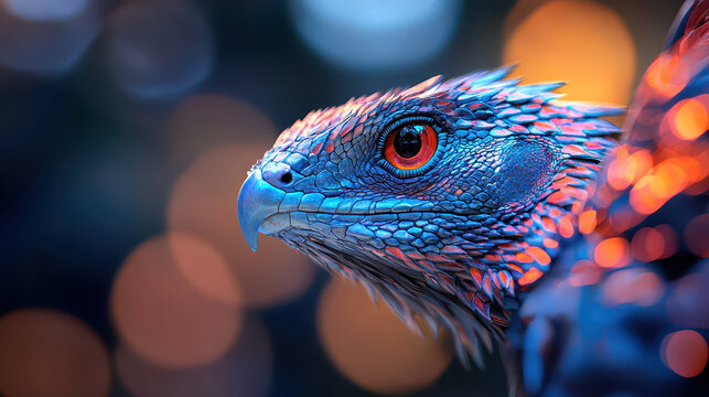 Stunning close up of colorful dragon like creature with vibrant scales and striking eyes, set against blurred background of warm bokeh lights