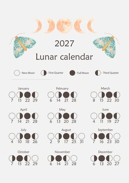 2027 Lunar Calendar with Moon Phases and Moth Illustration Vector Design