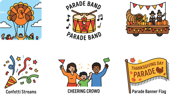 Holiday parade celebration with turkey balloon and drum flat vector illustration isolated on white.
