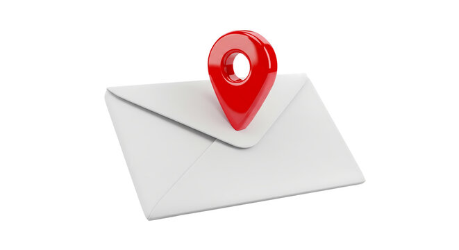 3D rendering of a white mail envelope with a red location pin, symbolizing geo-tagged messages or important location notifications