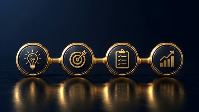Business strategy lifecycle from innovative idea generation and setting clear goals to meticulous planning, execution, and ultimately achieving successful growth and measurable progress.