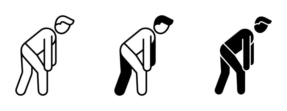 Three stylized human figures in bent-over poses, icon set, vector illustration, representing effort, fatigue, or physical exertion, simple graphic design