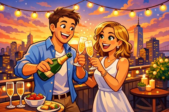 Romantic Rooftop Champagne Toast at Sunset-Happy Couple
