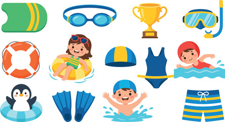 Swimming Sport Equipment and Cute Kids Swimmer Character Set for Summer Vacation Pool Party Education Stickers and Graphic Elements Vector Illustrations © Rifat