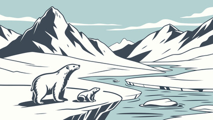 Polar bear mother and cub in arctic landscape with wildlife mountain landscape © Golap
