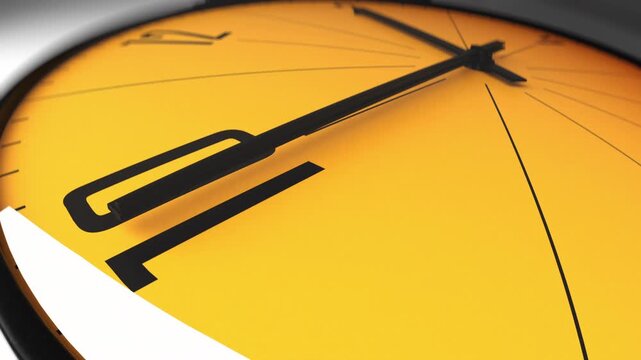 Macro view of a clock's second hand moving across a clock face, important moment