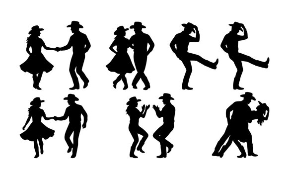 Couple in Cowboy Hats Line Dancing Silhouette Set