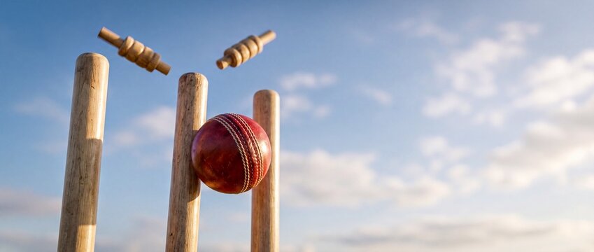 Cricket ball hitting wickets with bails flying in the air, action shot of a game in progress, outdoor sport, bright daylight, blue sky with clouds for commercial technology, business