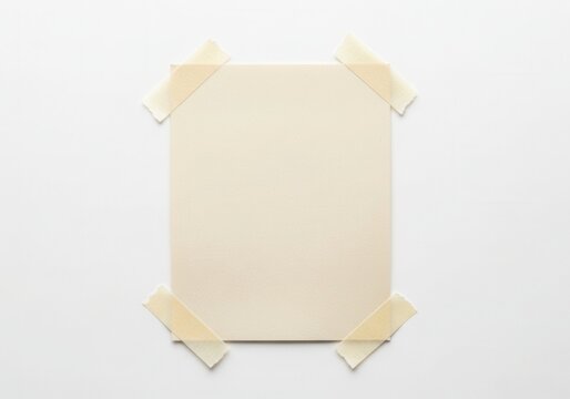 Blank piece of rectangular paper attached with masking tape at all four corners on a clean white background