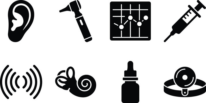 Otolaryngology and Audiology Medical Icon Set Featuring Ear Care Examination Tools and Symbols