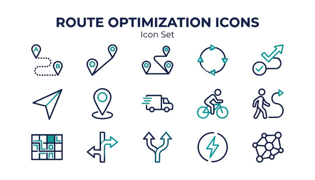 Route Optimization Dotted Path Location Pin Icon Set Flat Vector &mdash; Curved Dotted Path A to B Multi-Stop Loop GPS Arrow Waypoint Distance Delivery Cyclist Pedestrian Map Network, Navy Teal White