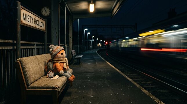 Abandoned teddy bear left alone on a dimly lit train platform at night.