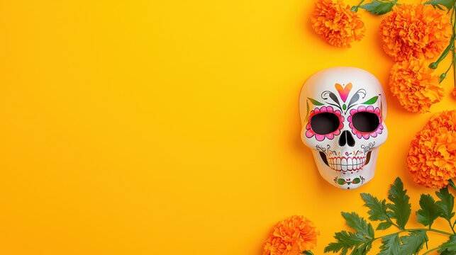 Vibrant skull mask surrounded by marigold flowers on bright yellow background creates festive atmosphere