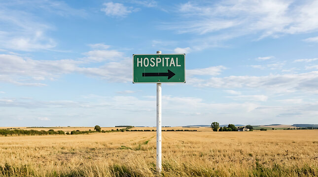 Hospital road sign in rural landscape. Directional signage pointing to medical facility.