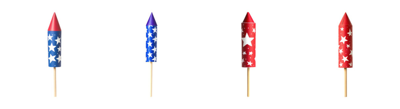 PNG Colorful star-patterned fireworks rockets on sticks, transparent background