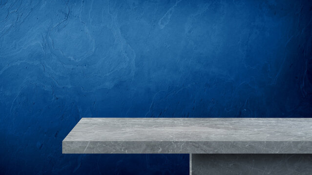 Empty Grey Marble Countertop Table Stand Mockup Product Display Stage Dark Blue Slate Stone Wall Background Interior Presentation Surface Studio Platform Pedestal Scene.