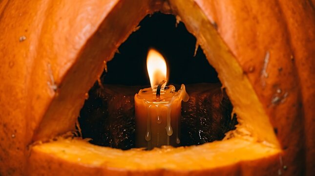Close up of lit candle inside a carved halloween pumpkin with triangular opening.