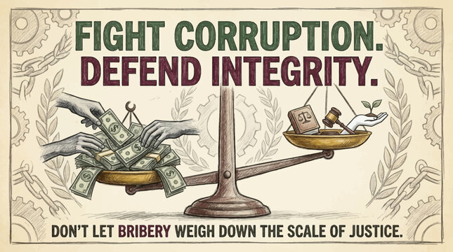 A vintage-style poster illustrating a scale of justice, with money and bribery weighing down one side against law, integrity, and growth on the other.