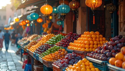 Obraz premium Abundant fresh fruit market stall with colorful lanterns hanging above, showcasing oranges, plums