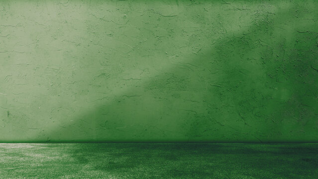 Empty Olive Green Concrete Room Studio Background Abstract Textured Plaster Wall Floor Backdrop Sunlight Shadow Light Interior Product Presentation Display Mockup Surface Space.