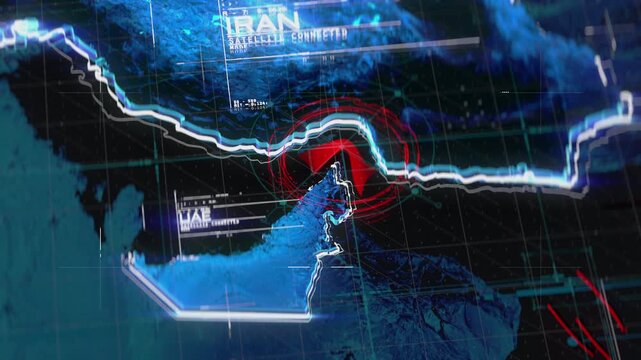 The Strait of Hormuz ship blockade, modern topographic relief map visualization