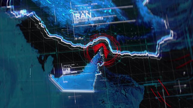 Modern map of Hormuz Strait with futuristic HUD, Iran war, Hormuz blockade