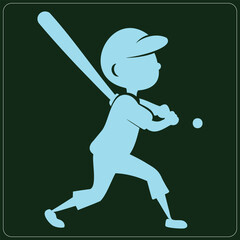 Little boy swinging baseball bat at ball in classic baseball stance isolated against dark green background.