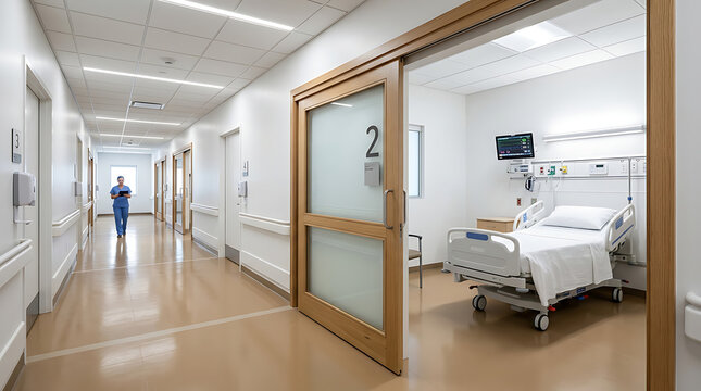 Empty hospital room with bed. Modern clinic ward interior with medical equipment.