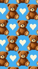 Obraz premium Cute brown teddy bears with hearts on blue background. This pattern repeats endlessly. It is a joyful textile design. Good for kids products.