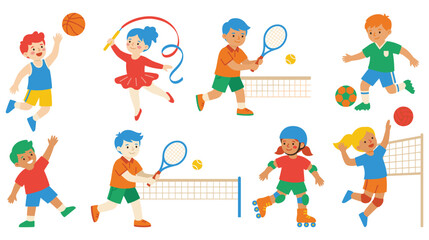 Fototapeta premium Collection of kids playing various sports activities on white background.