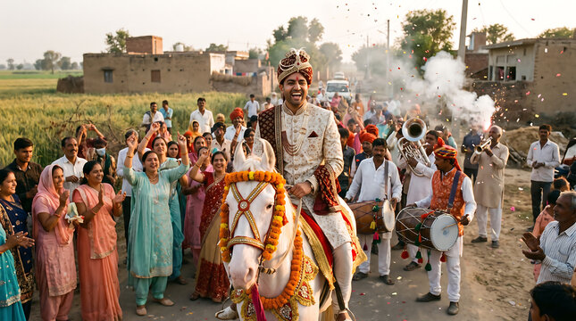 A joyful groom dressed in traditional attire rides a horse during his vibrant wedding procession while family members and friends celebrate his arrival through the streets in an Indian village