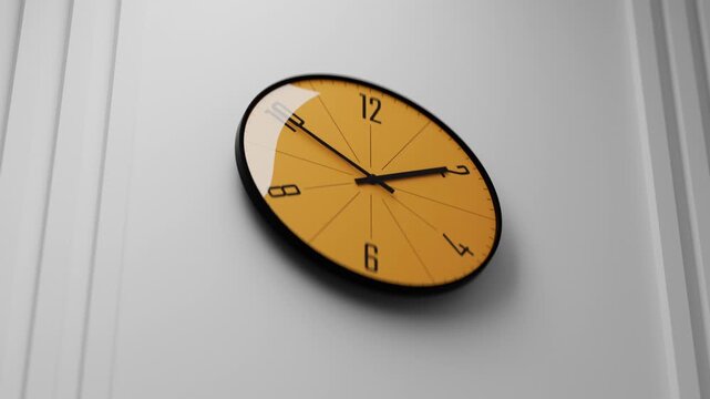 Analog clock with a yellow face hanging on the wall, time goes by