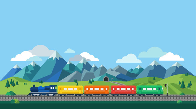 Colorful train traveling through mountains. Flat vector illustration of a scenic railway.