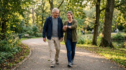 Obraz premium Everyday longevity habit featuring senior walking in park with adult child, smartwatch and realistic active wellness routine for preventive health.