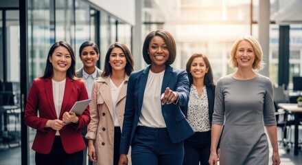 Fototapeta premium A diverse group of women walking together in an office setting.