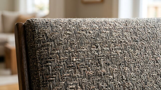 Close-up textured furniture fabric weave, living room background bokeh