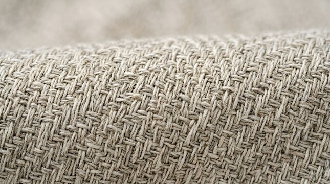 Detailed macro shot of textured woven fabric, natural fibers, light beige neutral tones