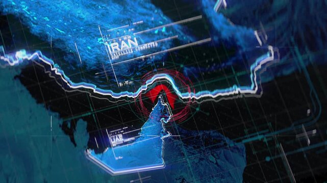 Map of Hormuz Strait with HUD interface, geographical relief visualization