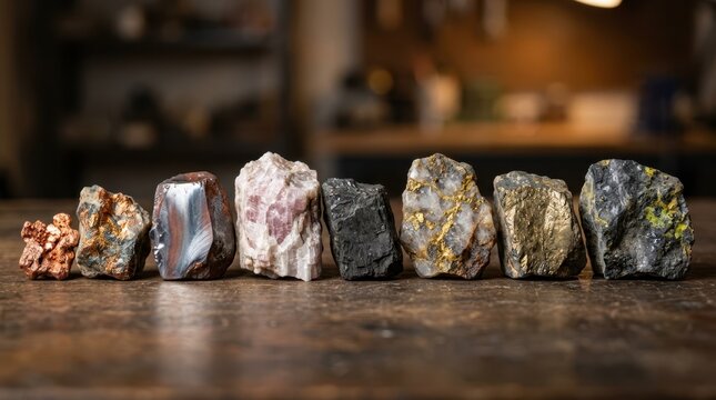 Polished copper, hematite, spodumene, coal, gold, nickel ore, and uranium-bearing rock arranged as a critical minerals portfolio.