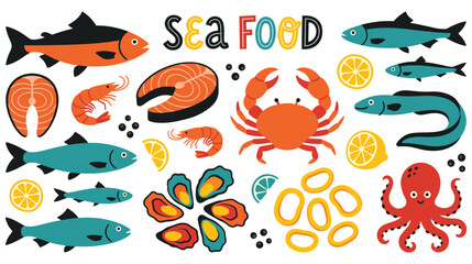 Fresh seafood selection with fish shellfish crab octopus lemon and seasoning flat icons. © Md