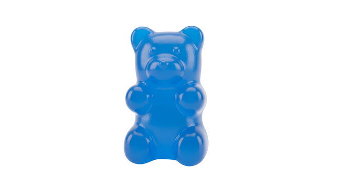 Single blue gummy bear sweet gelatin candy snack isolated on white background studio shot